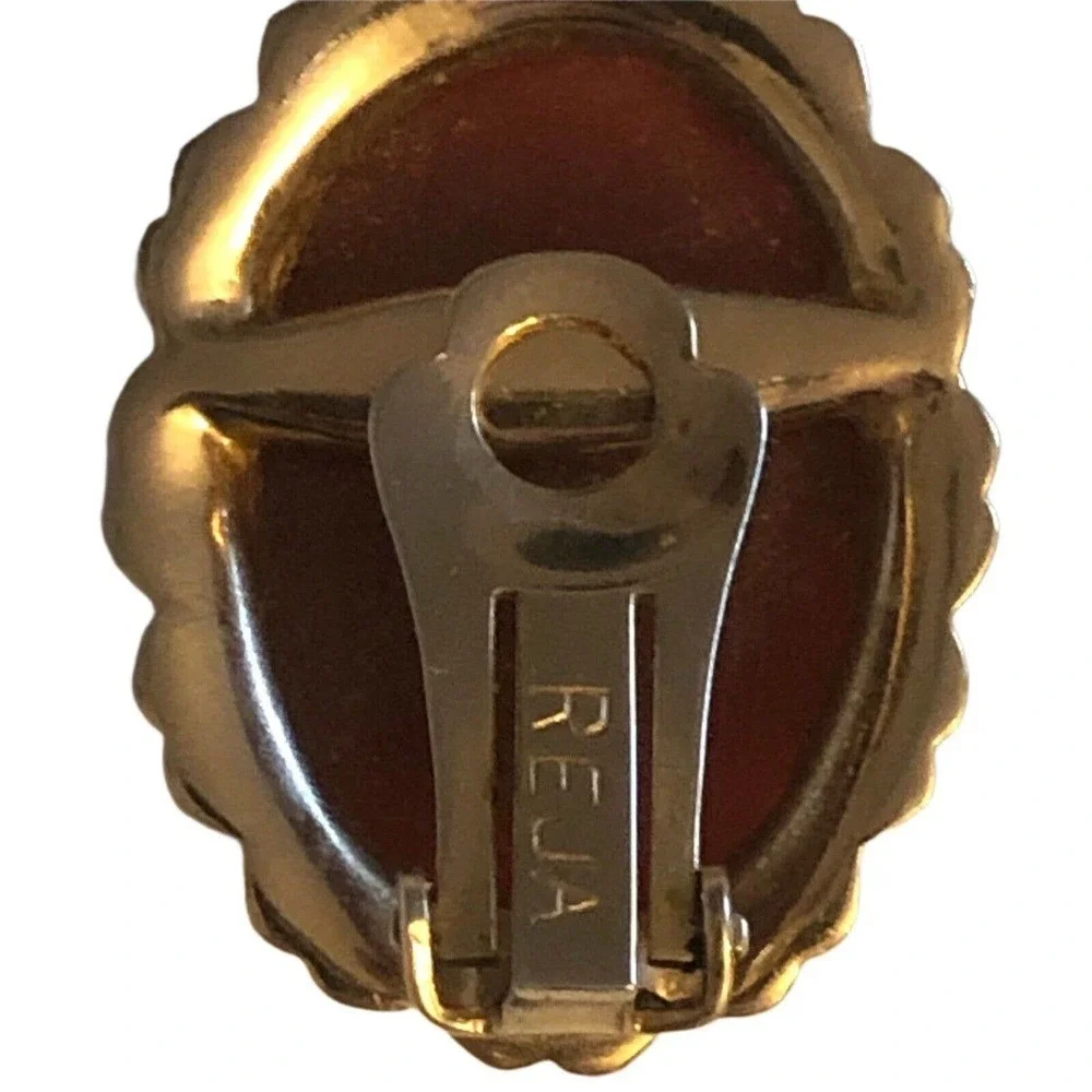 Reja Glass Domed Carnelian Cabochon Gold Plated Signed Clip On Earrings